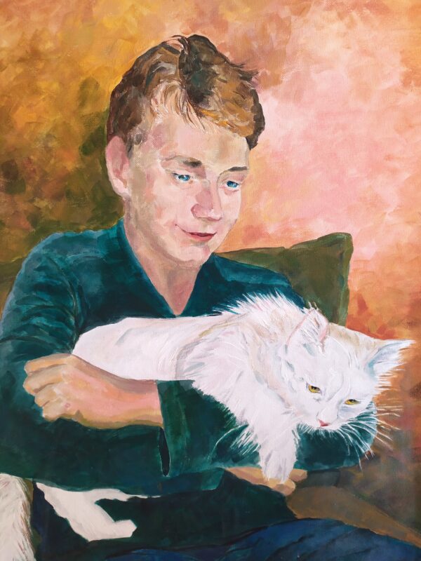 Valge kassi ja poisiga pilt. Maalitud õlivärvidega ja akrüülvärvidega.